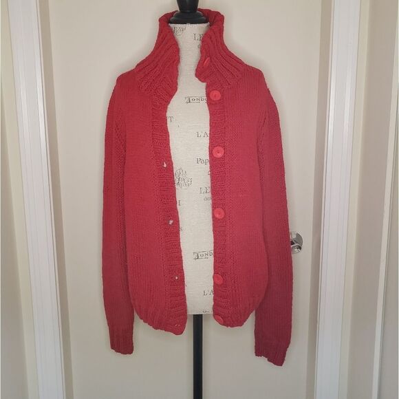 hand knit cherry red cardigan sweater - Picture 4 of 9